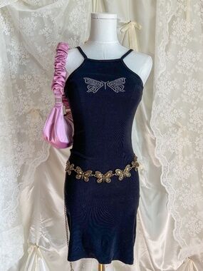 Black Mini Dress Butterfly Rhinestone Y2K Coquette Bodycon